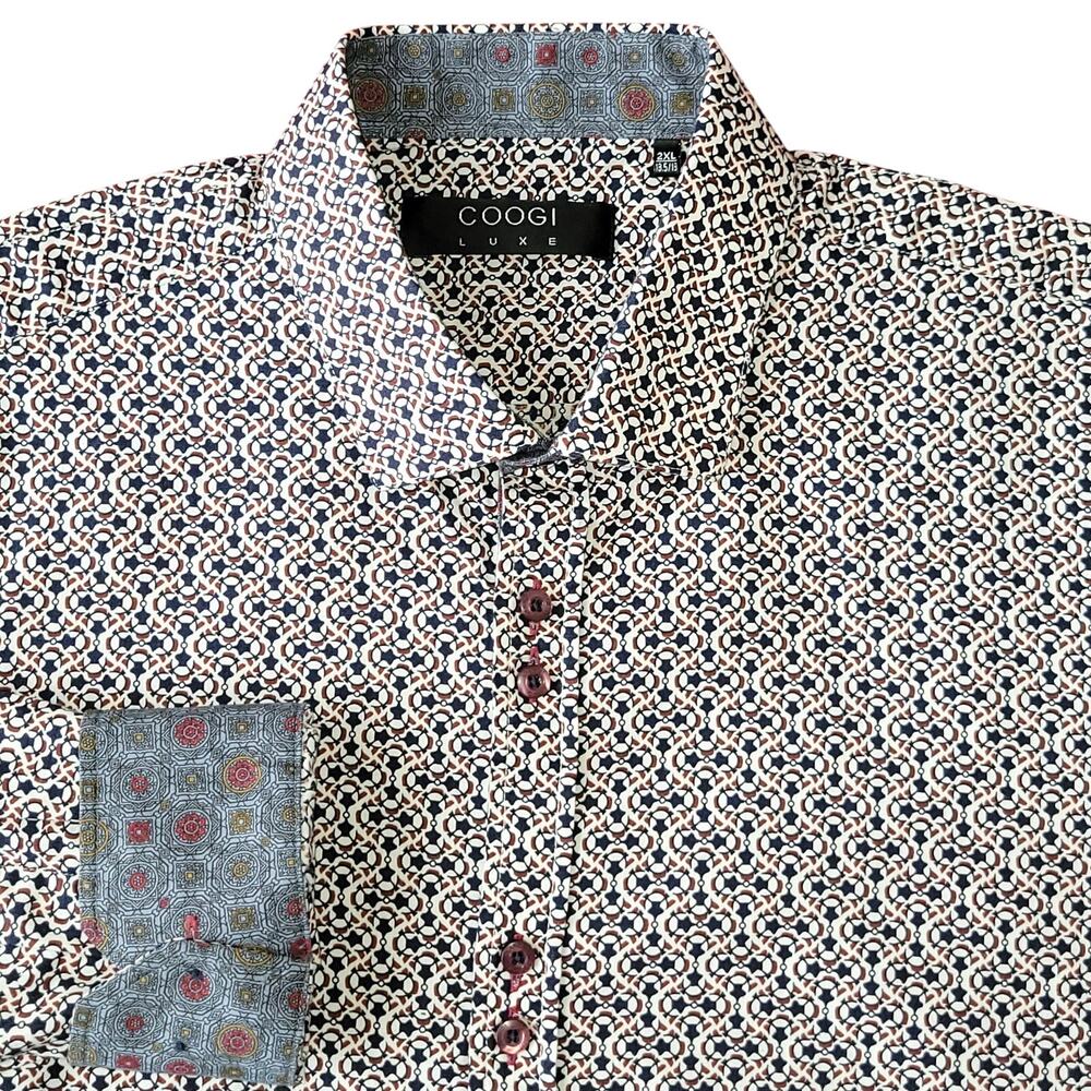Coogi Luxe Cotton Geometric Print Button Up Flip Cuff Shirt Men 2XL White Multi